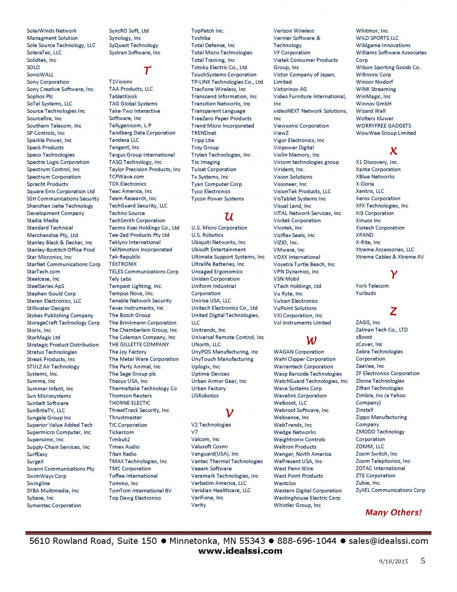 Manufacturer Line Card Ideal System Solutions, Inc.Ideal System Solutions, Inc.